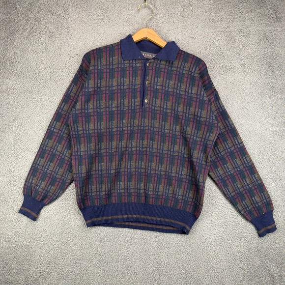 Brandini Other - Brandini Le Collezioni Mens Medium Blue Plaid Wool Blend Polo Sweater Italy